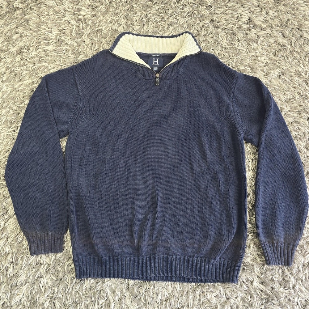 H Hilfiger Sweater Mens 2XL Blue Half Zip Mock Neck Cotton Knit Made Italy